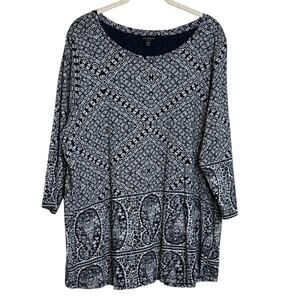 Lucky Brand Womens Knit Top Size 2X Navy Blue Abstract Print Cotton Modal